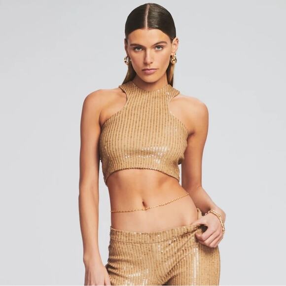 RETROFETE Audra Sequin Knit Tank Top Nude Tan Gold Crop Back Zip Size Large NEW - Picture 4 of 11